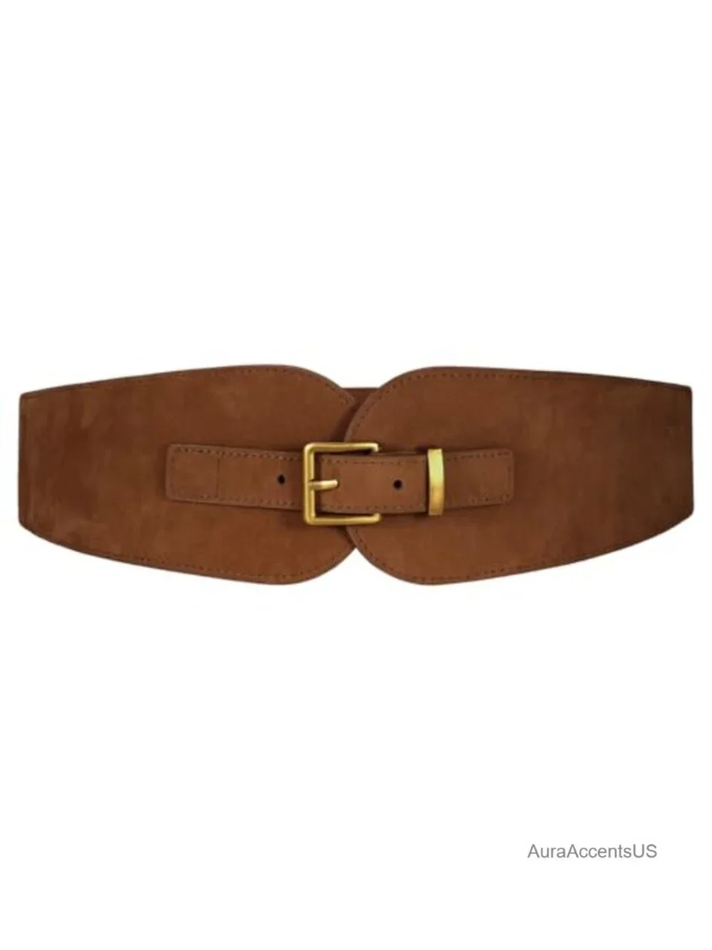 Wide Elastic Suede Belt with Vintage Gold Buckle for Dresses
